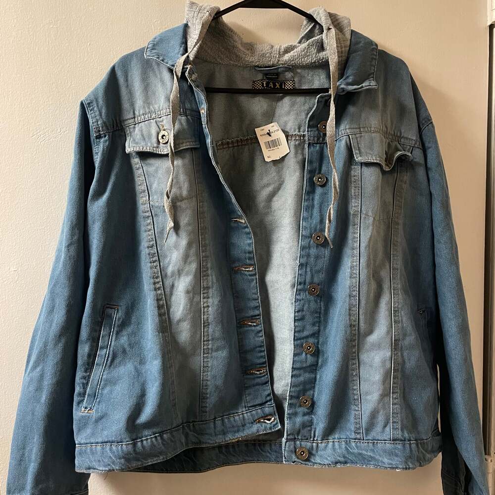 Taxi Hooded Denim Jacket - Blue Jean Trucker Jacket with Grey Hood - Size L